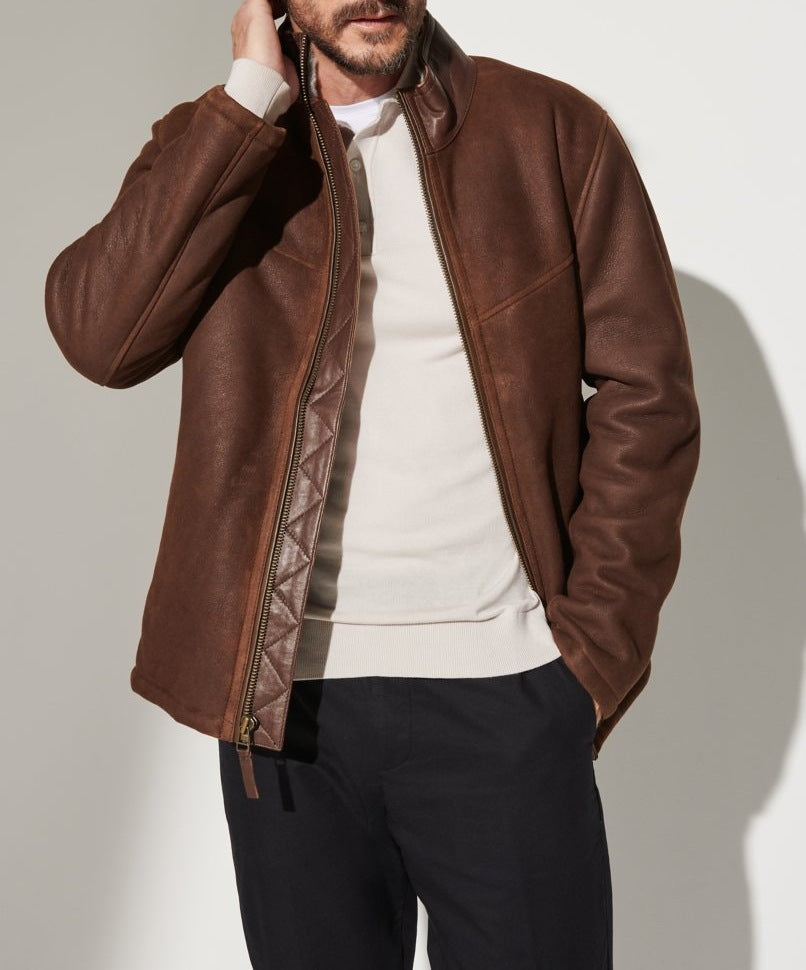Herren Lederjacke Robust Mit Steppdetails Hocher Kragen