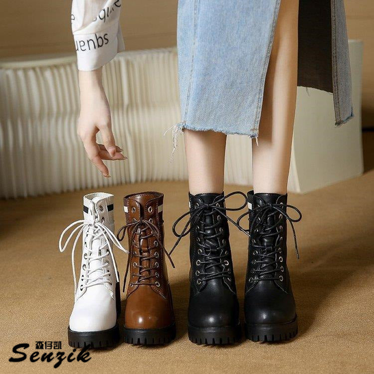 Damen Stiefel Schnürstiefel mit Blockabsatz Robust und Elastisch