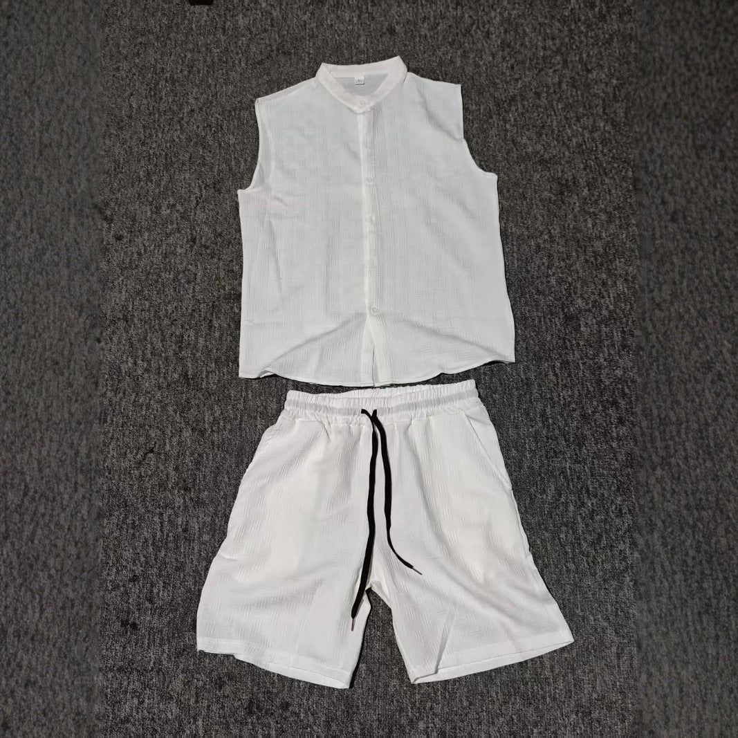 Männer Ärmellos Hemd Set Casual Knopf Oberteil