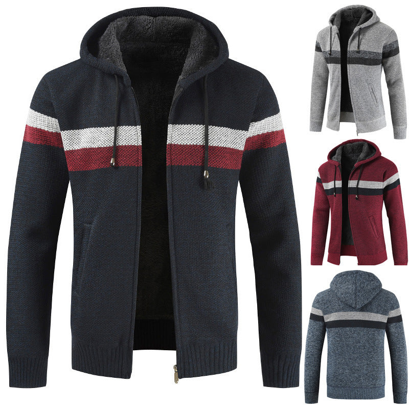 Herren Strickjacke Kapuze mit Kontraststreifen Modern