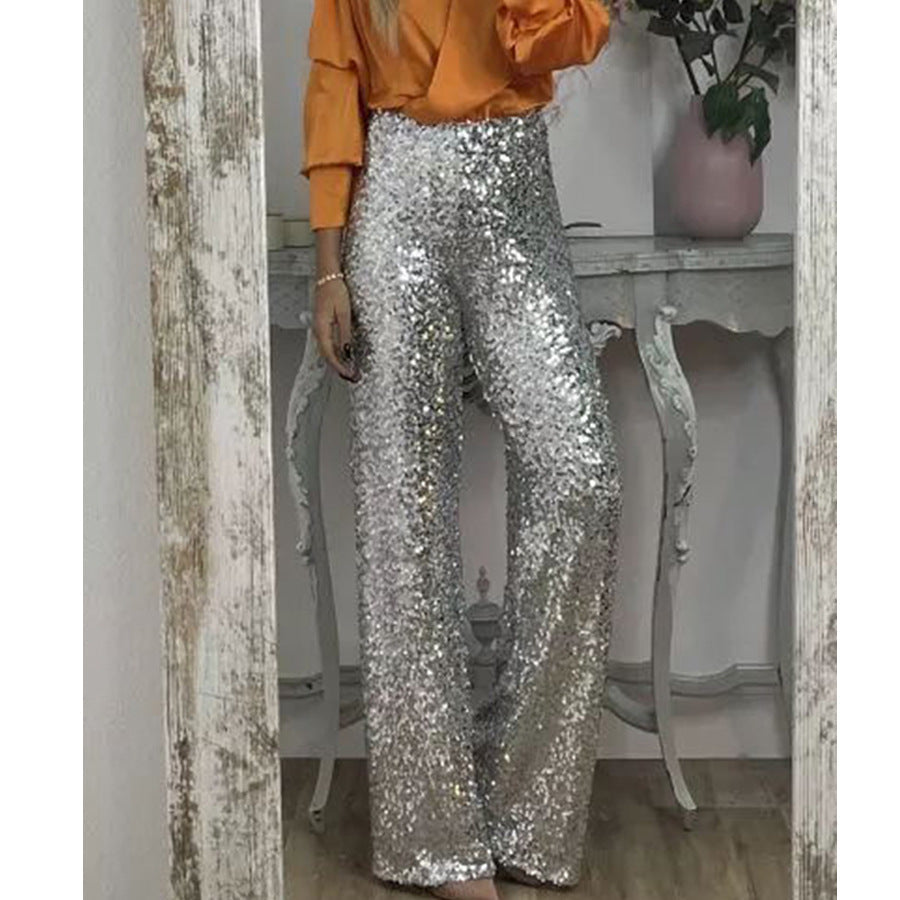 Glitzernde Damen Palazzo Hose Hochwertig Weite Bein