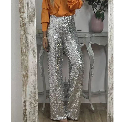 Glitzernde Damen Palazzo Hose Hochwertig Weite Bein