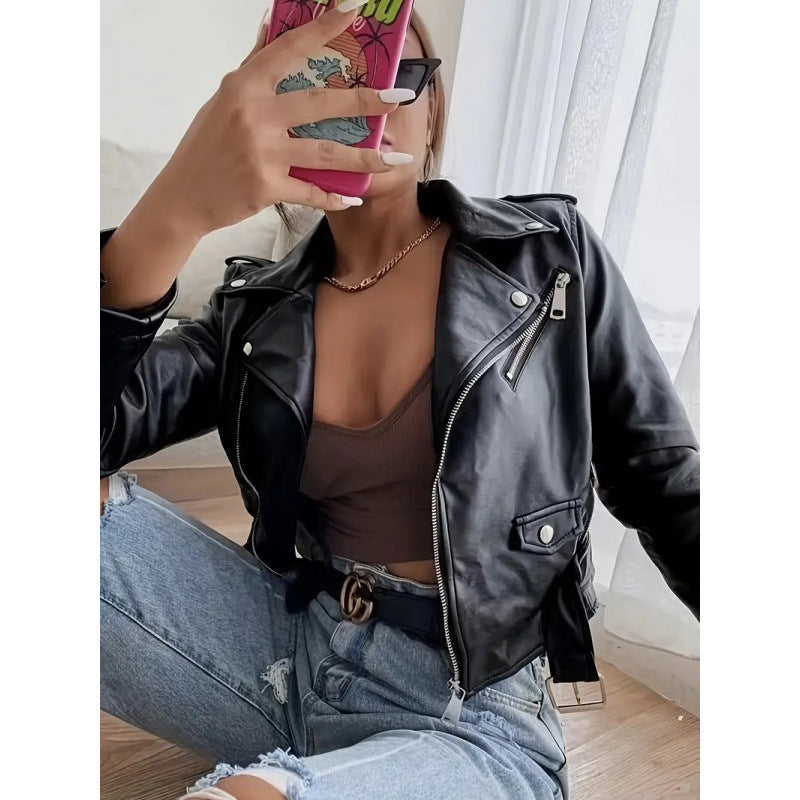 Damen Bikerjacke Kurz Lederjacke Asymmetrisch