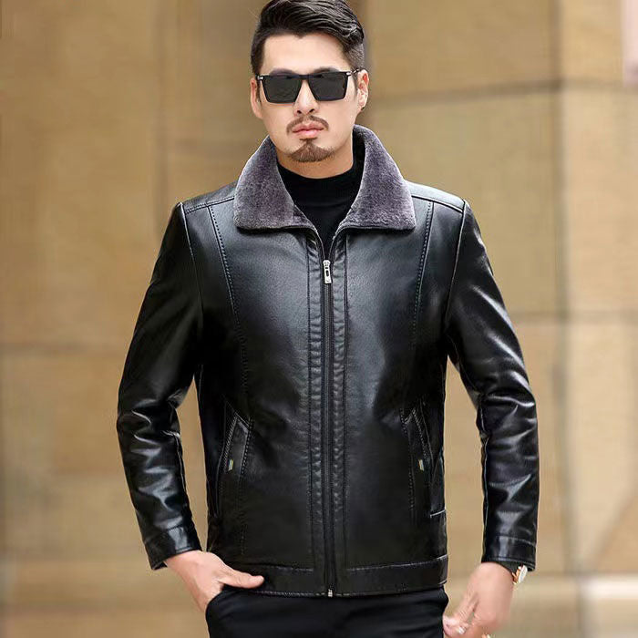 Herren Lederjacke Elegant Schwarz mit Kragen