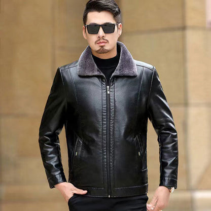 Herren Lederjacke Elegant Schwarz mit Kragen