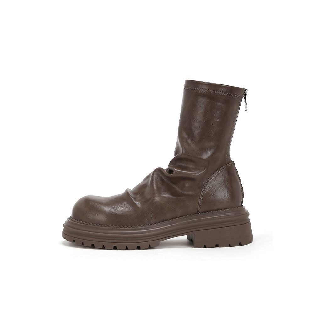 Damen Stiefel Breite Sohle Elegant Falten Design