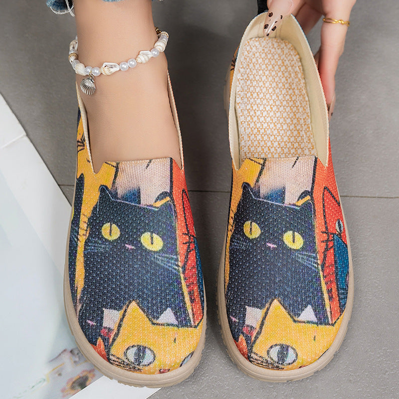 Damen Slip-On Schuhe Bunt Katzen Design Freizeit