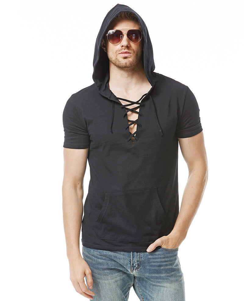 Herren Kapuzen-T-Shirt Modern mit Schnürverschluss und Kängurutasche