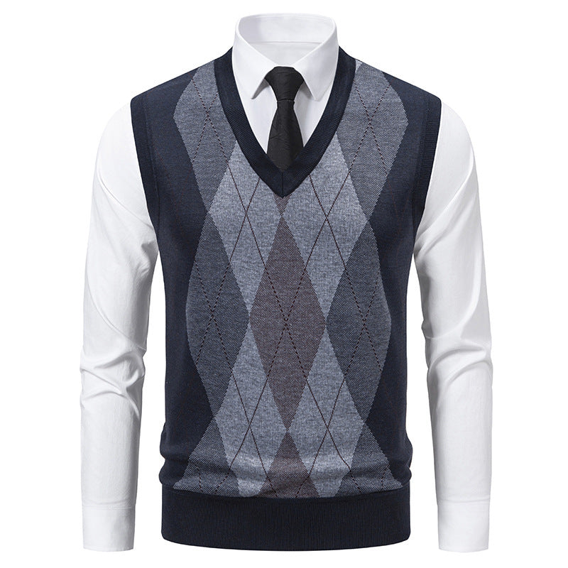 Herren Pullover V-Ausschnitt Klassisches Rautenmuster Modern