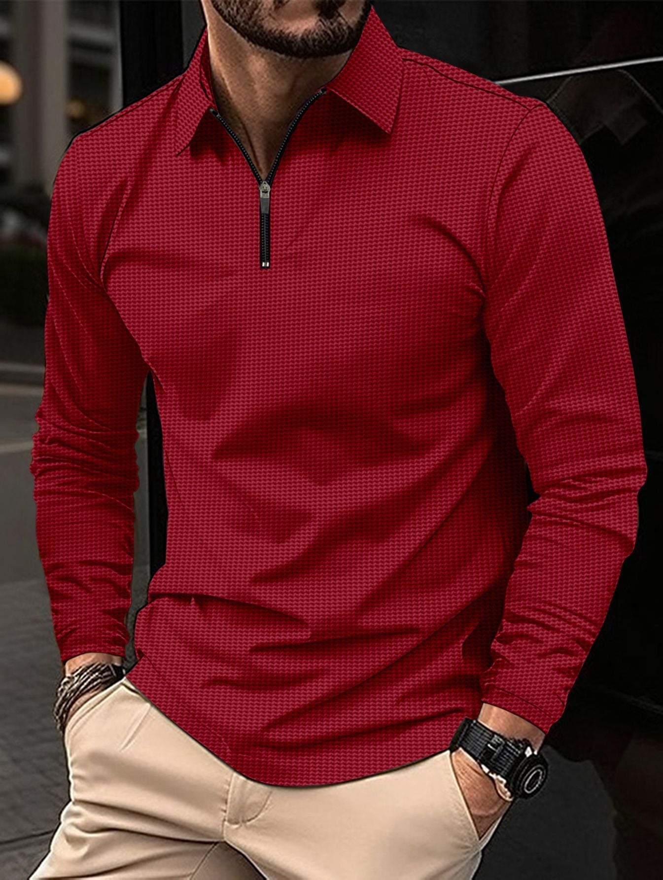 Herren Langarmshirt Modern Stehkragen Reißverschluss Style