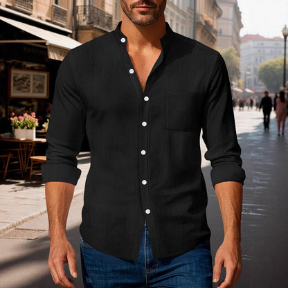 Herren Langarmhemd Modern mit V-Ausschnitt und Brusttasche