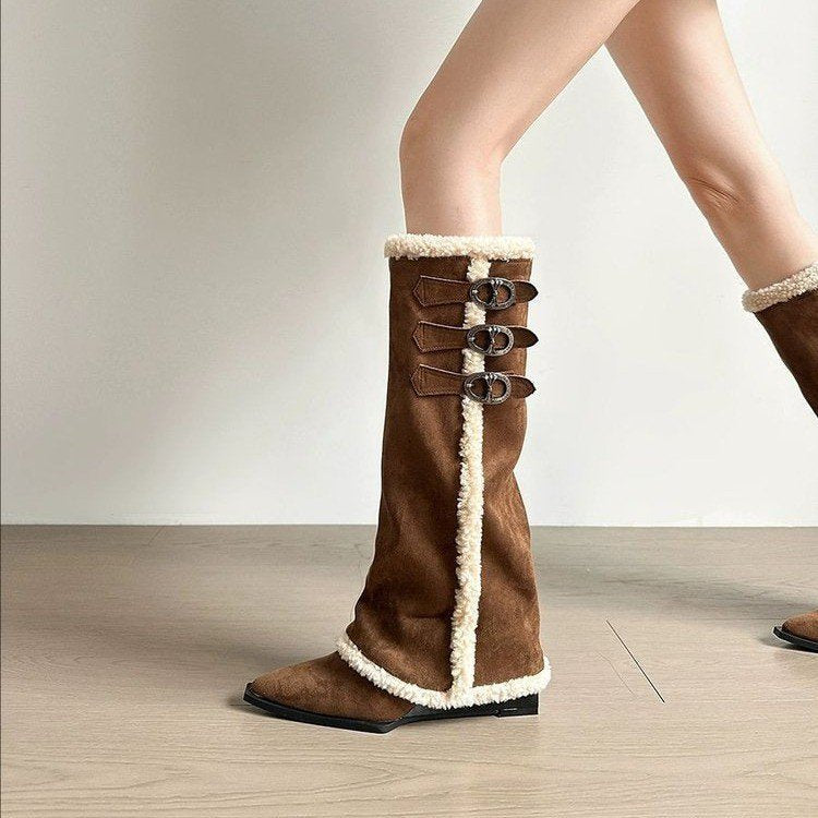 Damen Stiefel Hoch mit Kunstfellkragen Schnürfront Winter