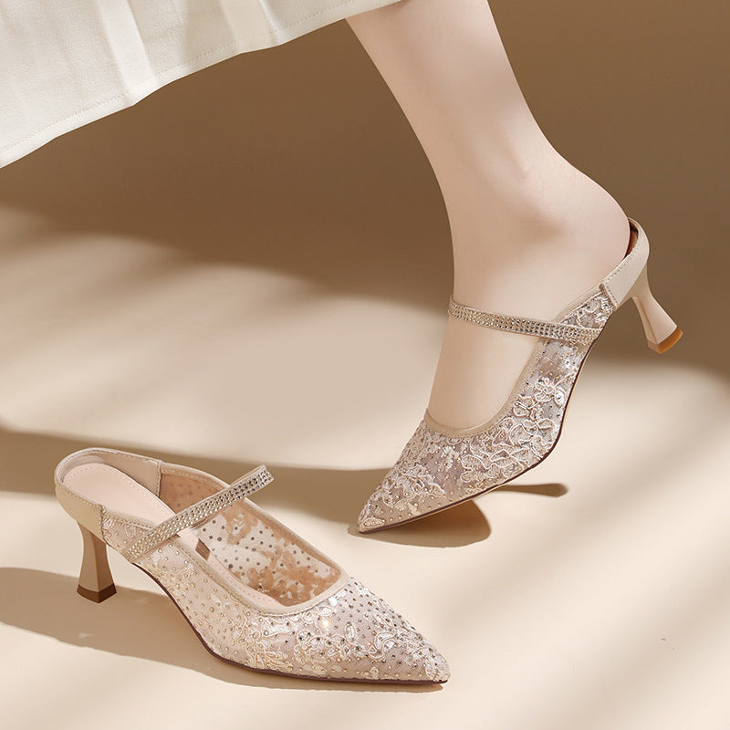 Damen Pumps Elegante Slingback Schuhe mit Spitze Hochhackig