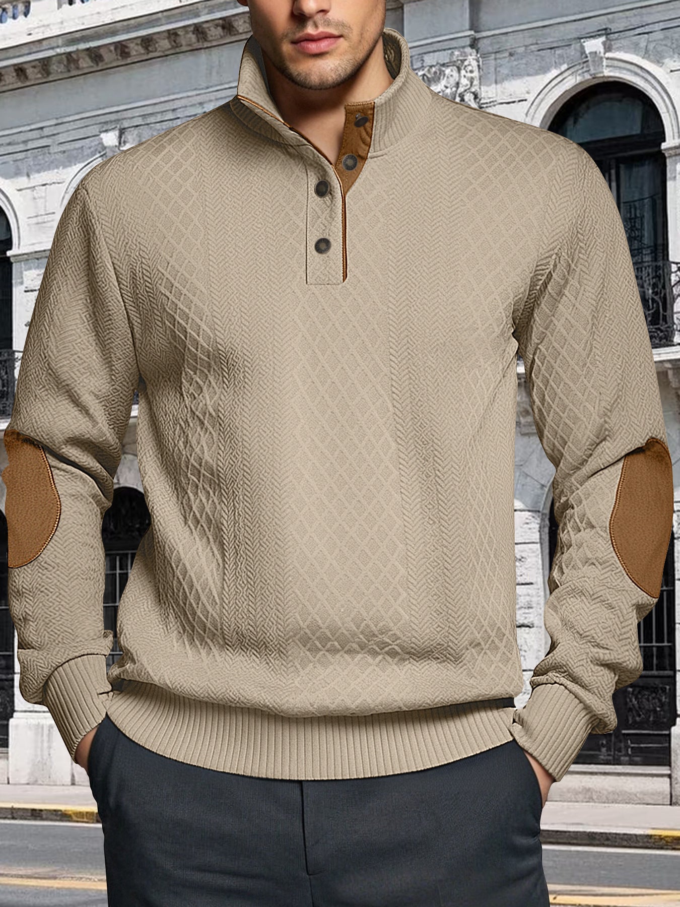 Herren Strickpullover Strukturiert Leder Patches Modern