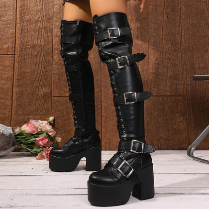 Damen Overknee Stiefel Plateau Schnalle Hochhackig Modern