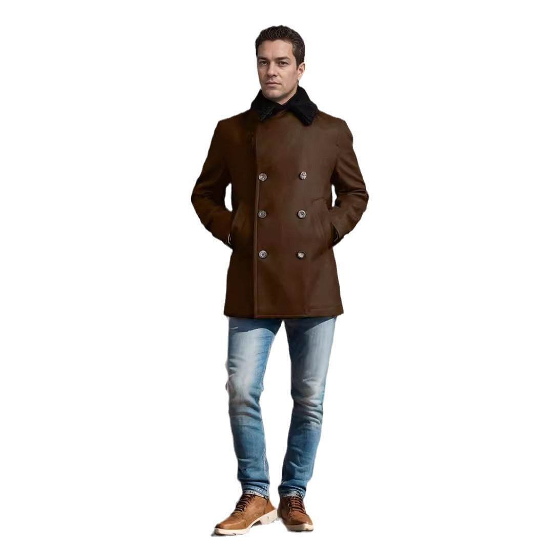 Herren Wollmantel Doppelreihen Teddyfellkragen Modern
