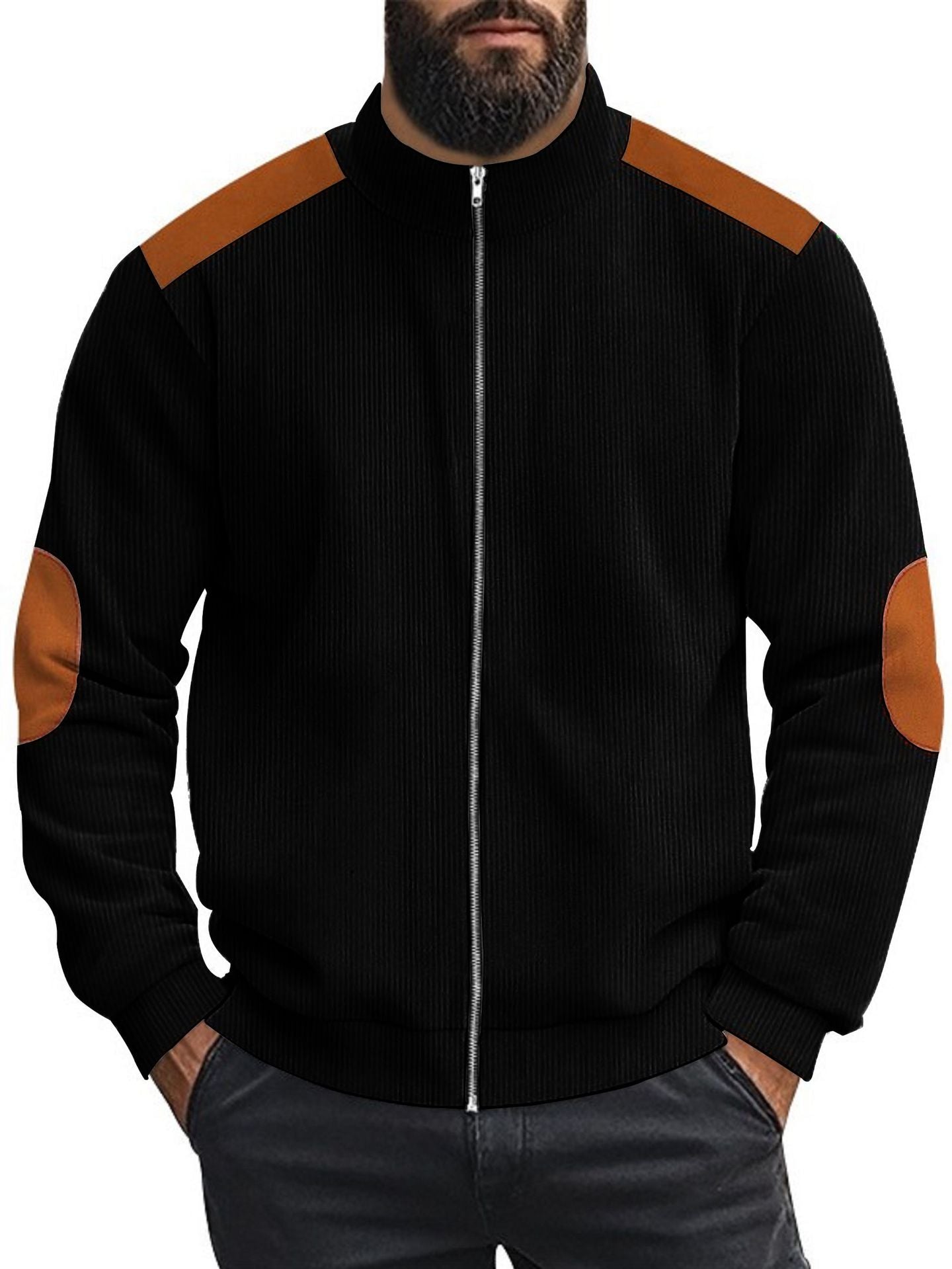 Herren Strickjacke Lederakzente Modern Kragen Hoch