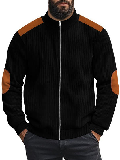 Herren Strickjacke Lederakzente Modern Kragen Hoch