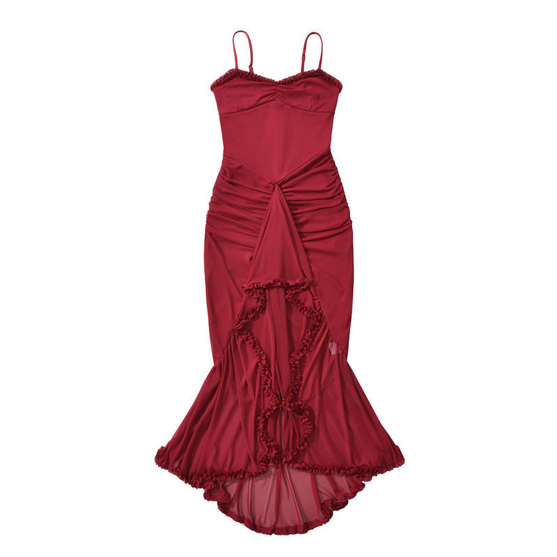 BerlinGlamour Trägerkleid: Asymmetrisches Netzkleid mit Schlitz