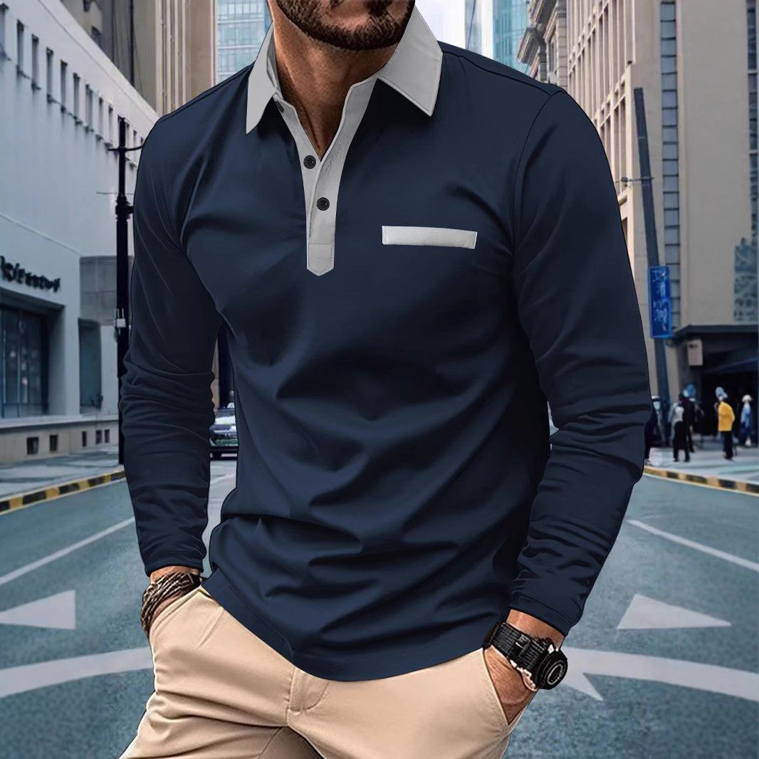 Herren Poloshirt Langarm Modern Stehkragen Kontrast Design - BerlinGlamour