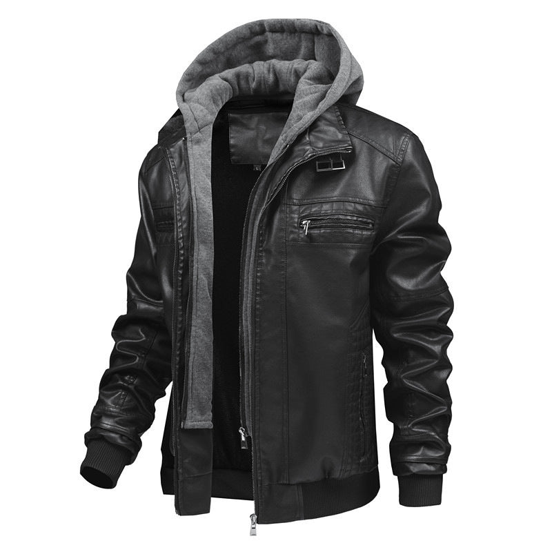 Lederjacke Herren mit abnehmbarer Kapuze Schwarz Ledermantel