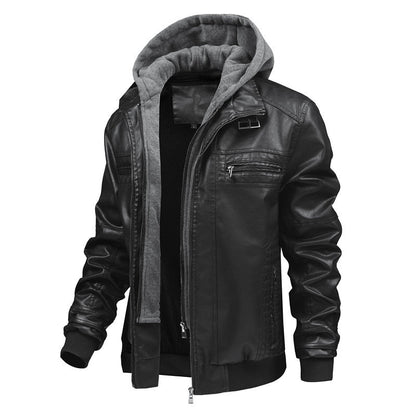 Lederjacke Herren mit abnehmbarer Kapuze Schwarz Ledermantel