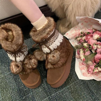 Damen Winterboots Flauschig mit Kunstfell Warm Schnürsenkel