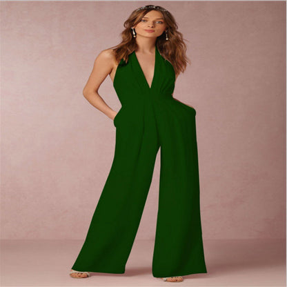 Damen Jumpsuit Elegante V-Ausschnitt Weite Bein Abendkleid