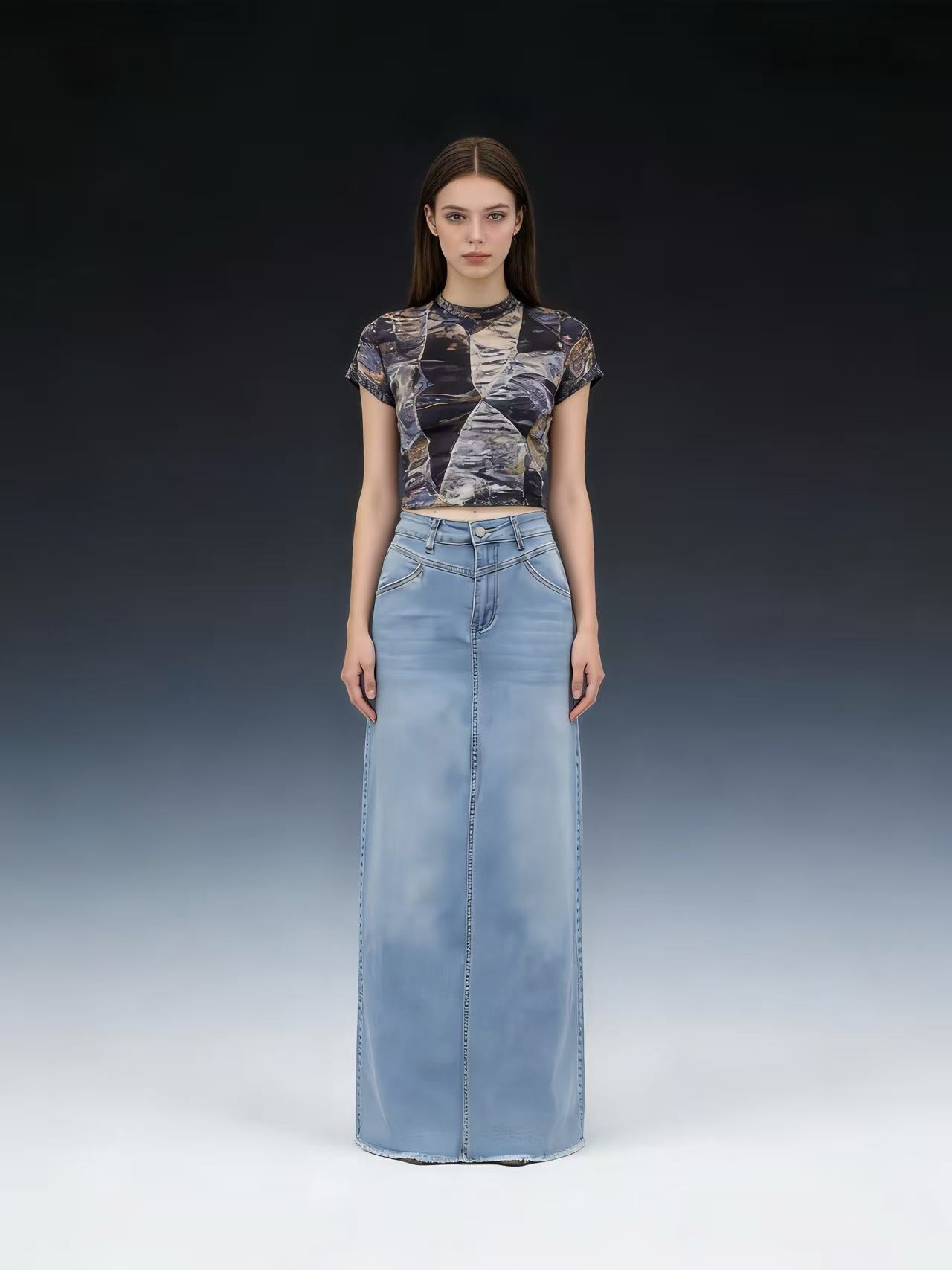 Damen Maxi-Rock Jeans Hochwerder mit Fransen