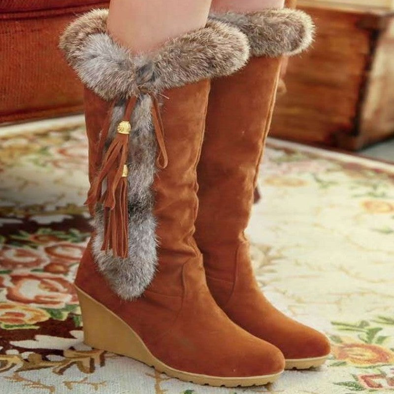 Damen Stiefel Wedge mit Kunstfell und Quasten Winter Mode