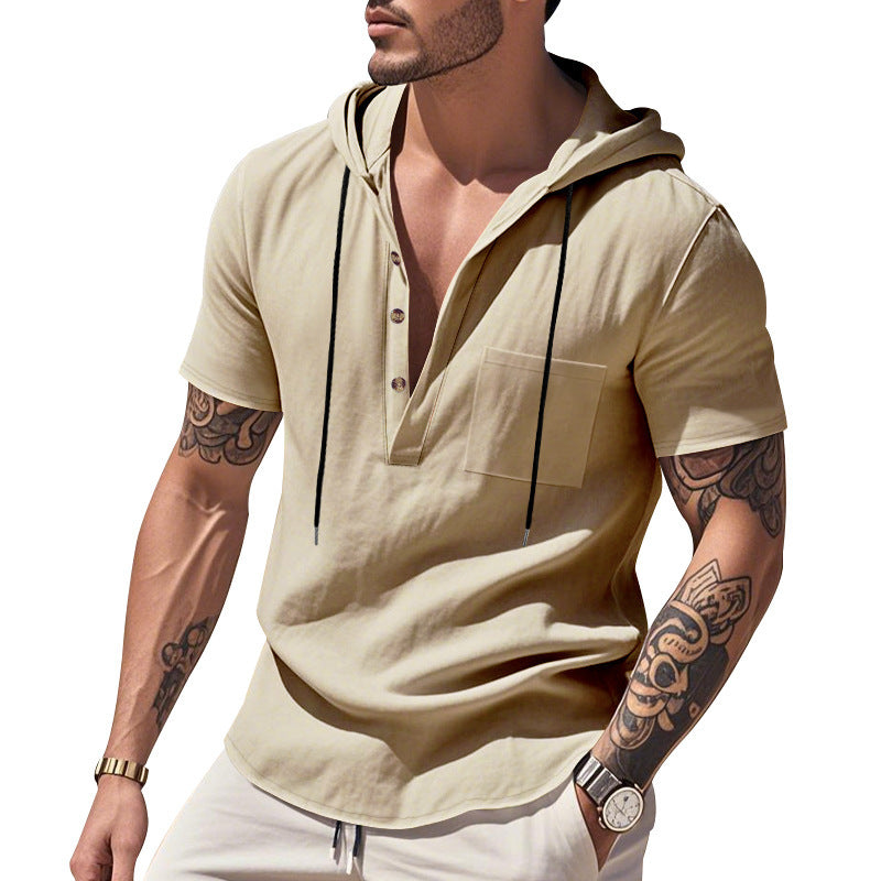 Herren Hoodie Kurzarm Hemd Kapuze Knopfleiste Trendig
