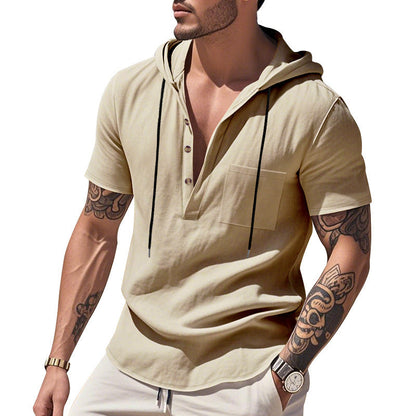 Herren Hoodie Kurzarm Hemd Kapuze Knopfleiste Trendig