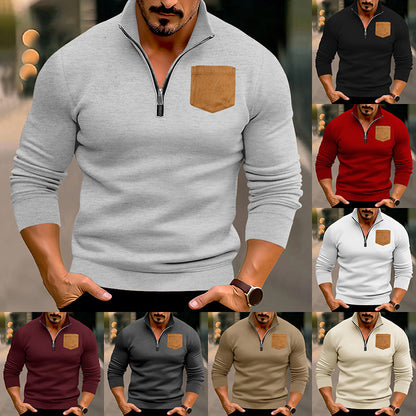 Herren Pullover Sportlich Halbzipper Kontrasttasche - BerlinGlamour