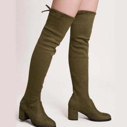 Damen Overknee Stiefel Hoch mit Blockabsatz Schnürsenkel Elegant