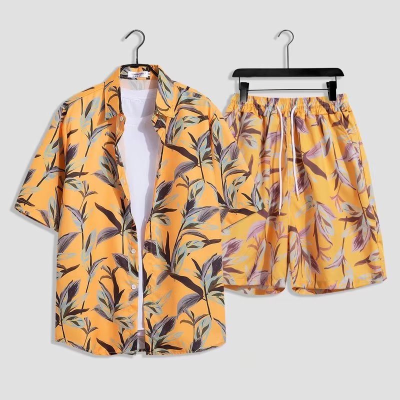 Herren Sommer Set Kurzarm Hemd Badeshorts Tropisches Muster