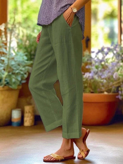 Damen Leinenhose Weit Bequem Mit Taschen