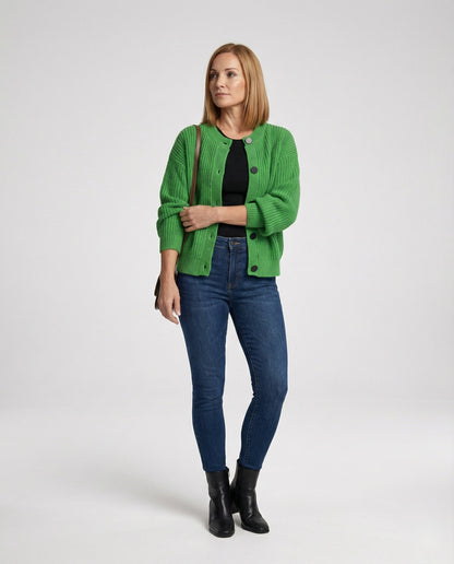 Damen Cardigan Grobstrick Oversize mit Rundknöpfen und Ballonärmeln