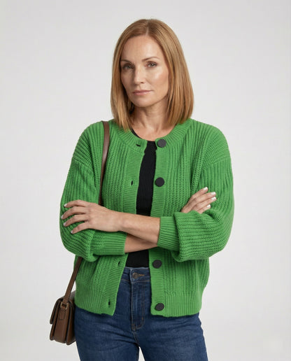 Damen Cardigan Grobstrick Oversize mit Rundknöpfen und Ballonärmeln - BerlinGlamour