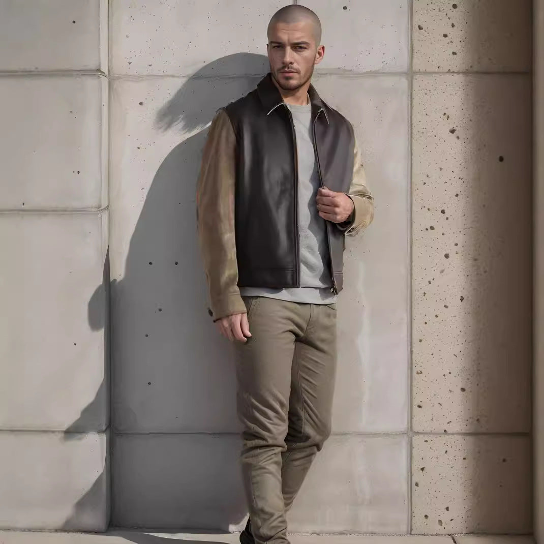 Lederjacke Herren Modern mit Reißverschlusstaschen Schwarz