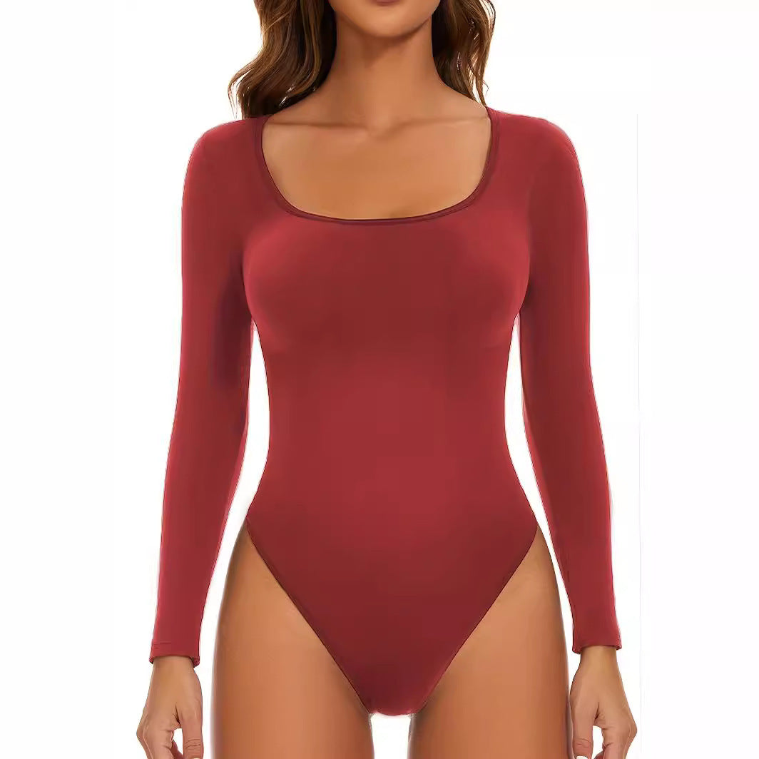 Damen Body Langarm Figurbetont mit Tiefem Ausschnitt