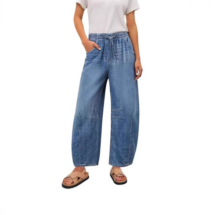 Damen Jeanshose Weite Bein Elastischer Bund - BerlinGlamour