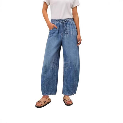 Damen Jeanshose Weite Bein Elastischer Bund - BerlinGlamour