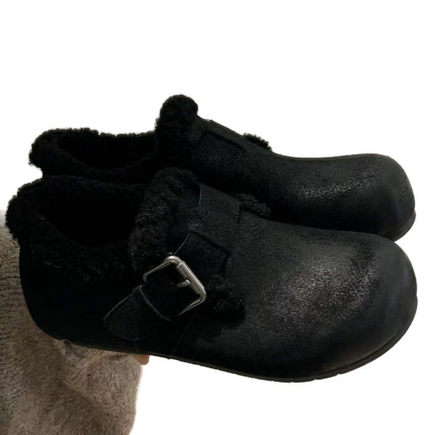 Damen Clogs Weich Kunstfell Schnallen Design Bequem