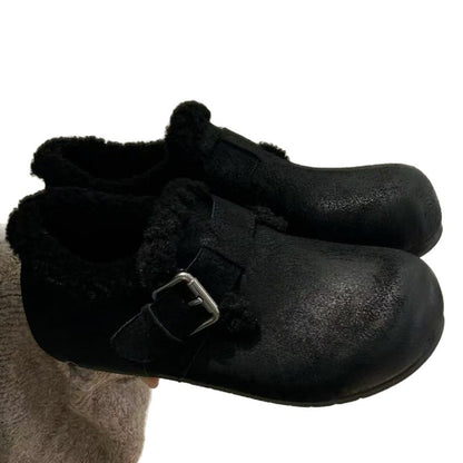 Damen Clogs Weich Kunstfell Schnallen Design Bequem