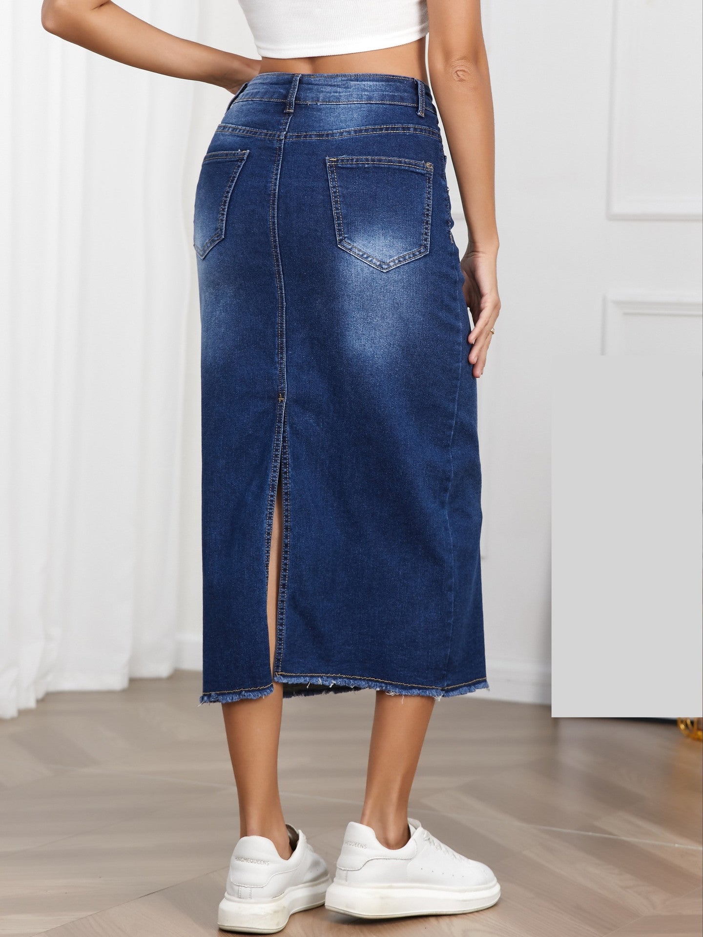 Damen Maxirock Denim Lang Elegant