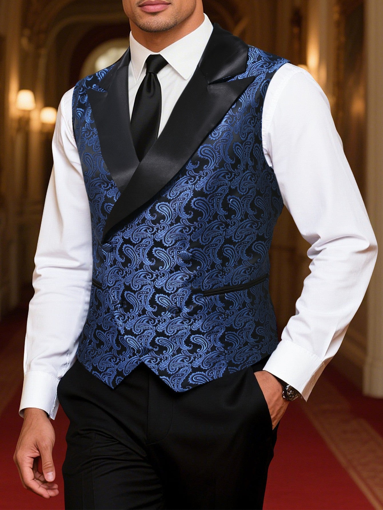 Herren Brokatweste Elegant mit Satin-Revers Schwarz Modern