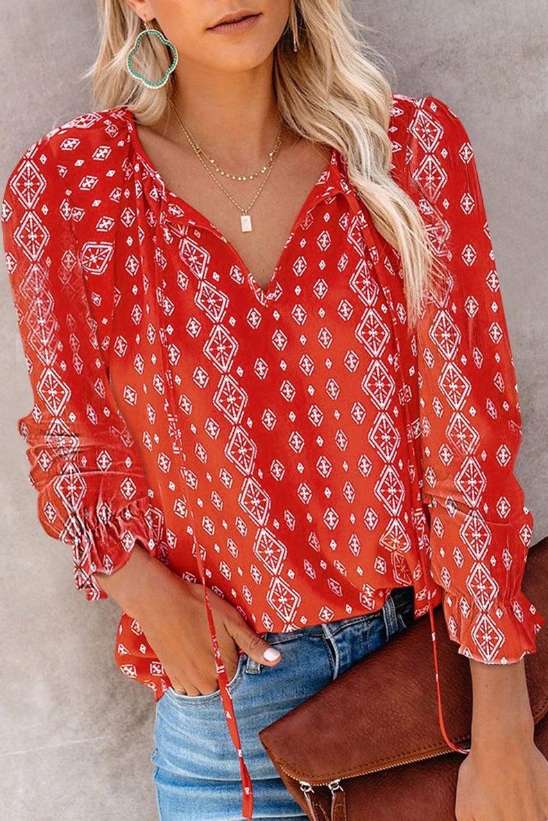 Damen Bluse Top Tierdruck Ärmel Fransen Modern
