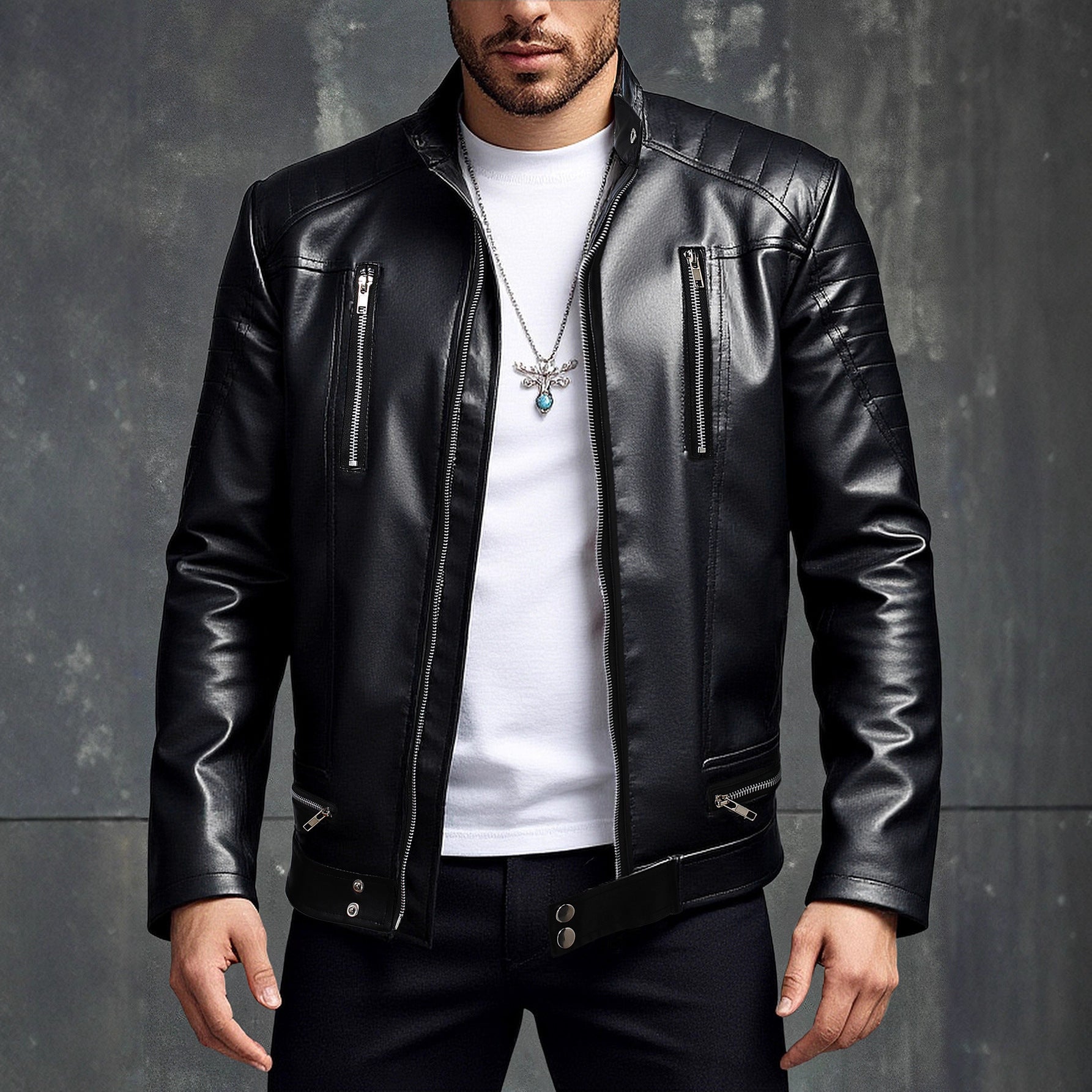 Herren Lederjacke Modisch Asymmetrisch Reißverschluss Schwarz - BerlinGlamour