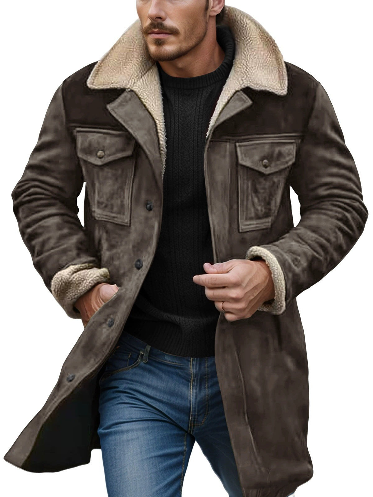 Herren Leder-Langjacke Teddyfutter Warm Isoliert