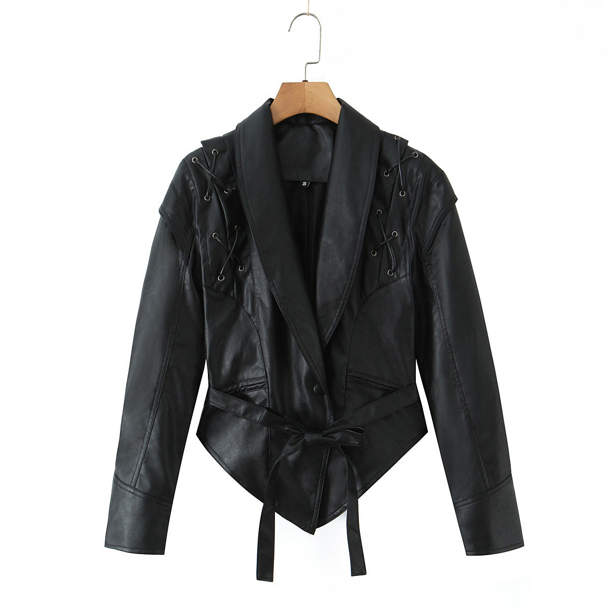 Damen Lederblazer Schnürung Modern Schwarz
